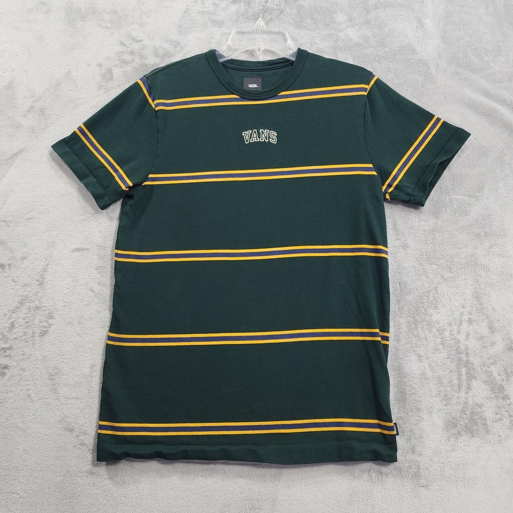 Vans Shirt Mens S Green‎ Yellow Striped Crew Neck Logo Tee Skateboarding Casual